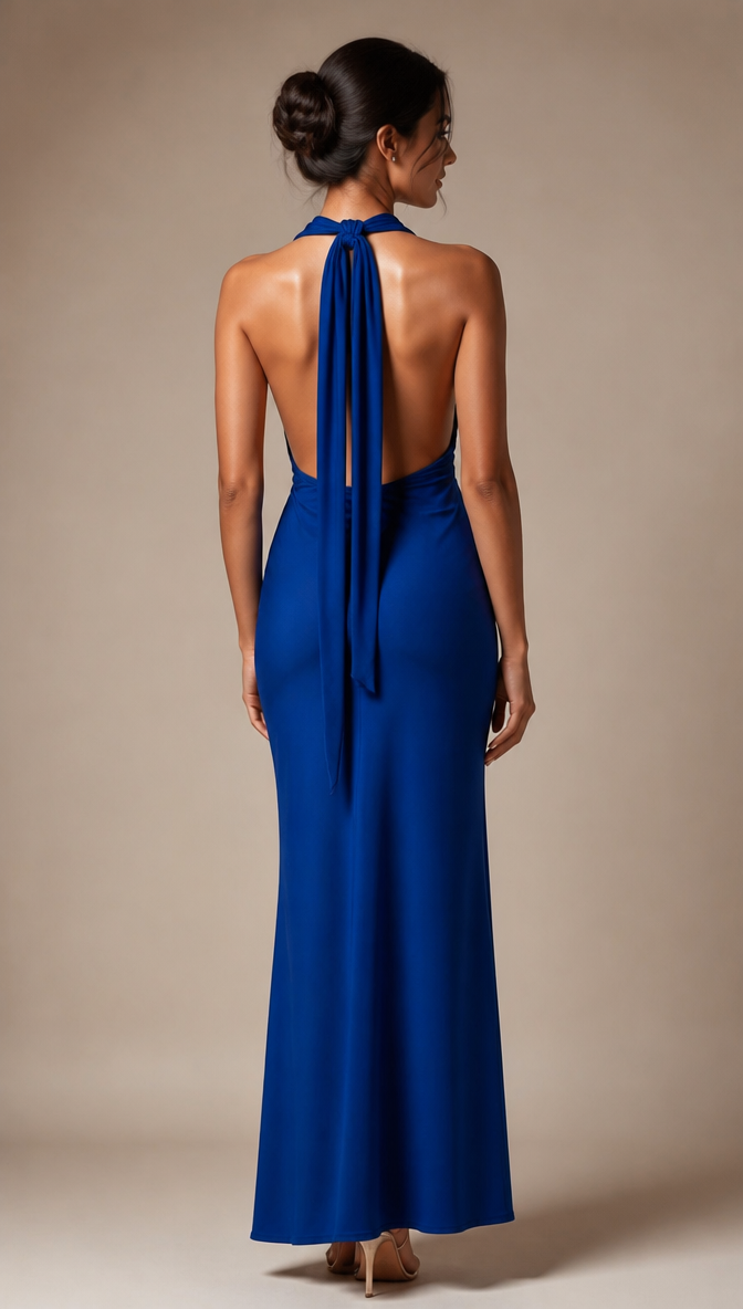 Satin Halter Gown with Gold Detail
