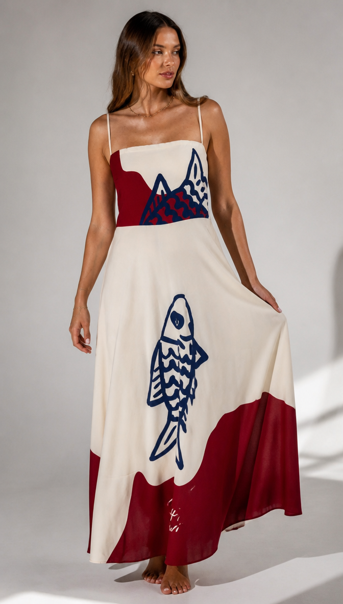 Abstract Fish Graphic Print Maxi Dress with Straight Neckline