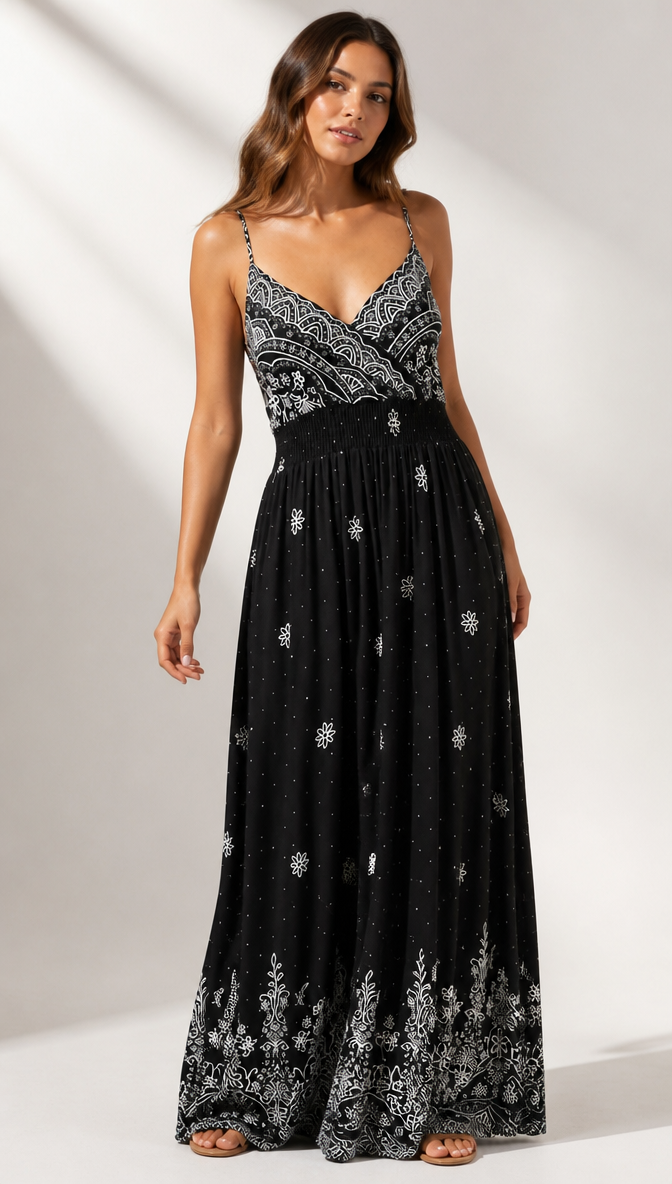 Boho Floral Border Print V-Neck Sleeveless Maxi Dress – Vie Boutique