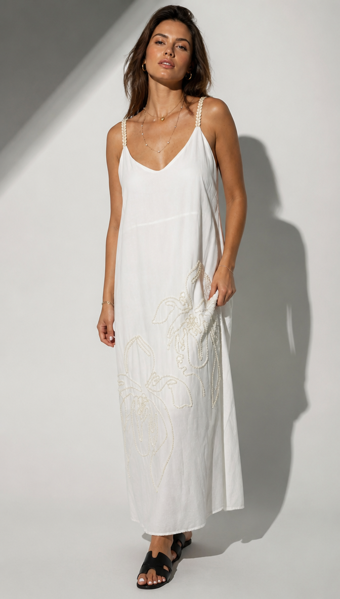 Embroidered V-Neck Maxi Dress with Floral Line Art