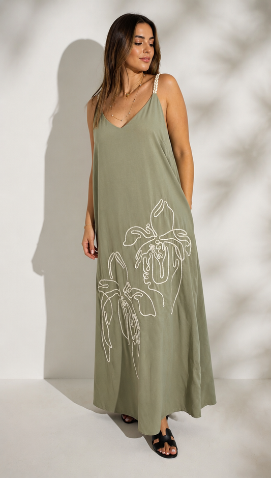 Embroidered V-Neck Maxi Dress with Floral Line Art
