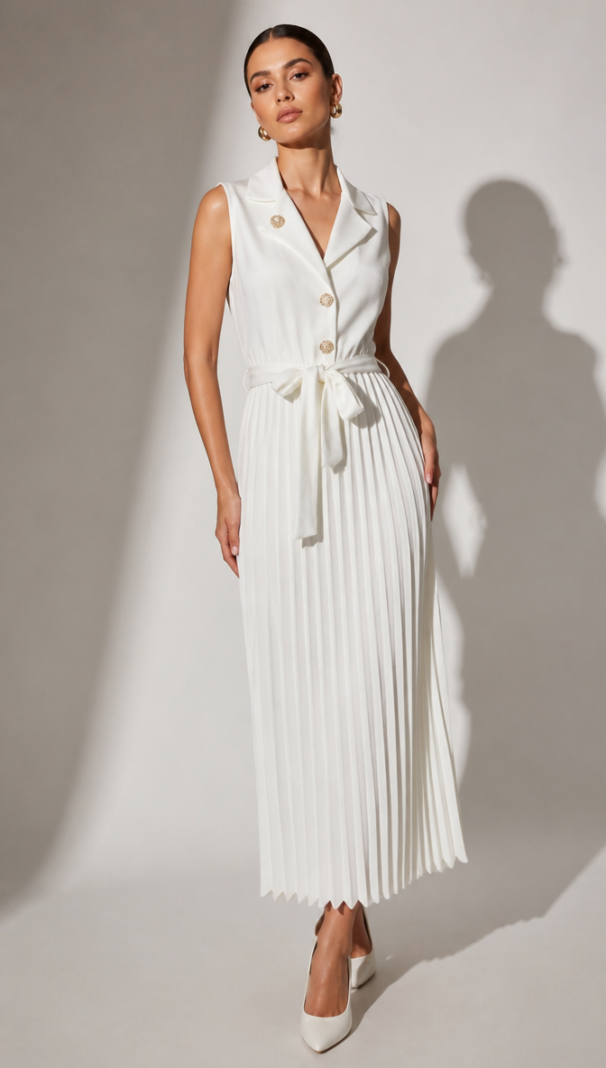 Tailored Trench Vest Dress with Pleated A-Line Hem and Waist Tie