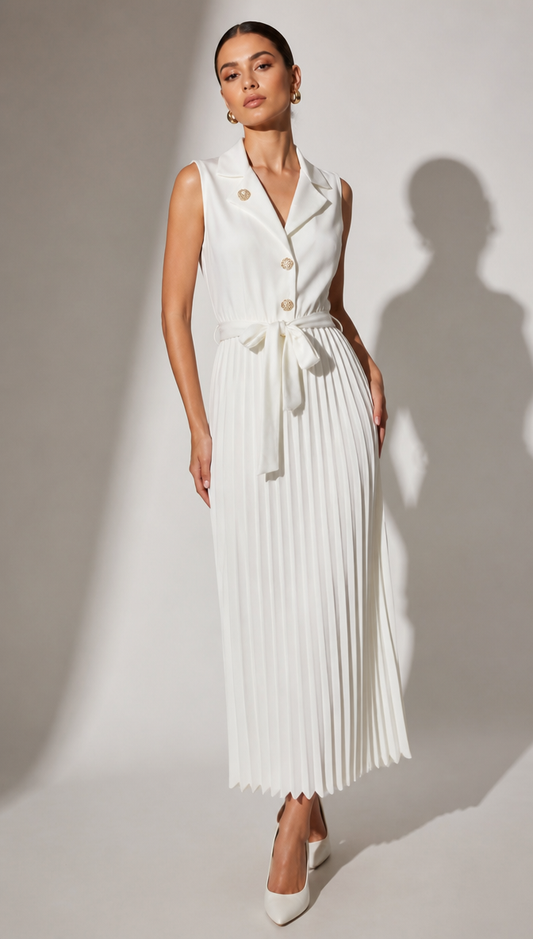 Tailored Trench Vest Dress with Pleated A-Line Hem and Waist Tie