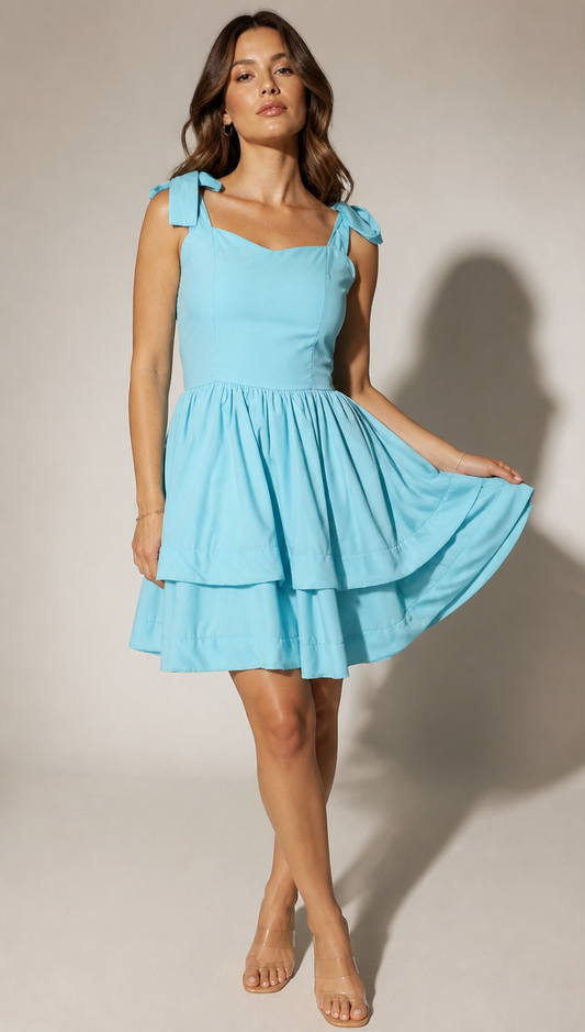 Sky Blue Tie-Strap Tiered Mini Dress