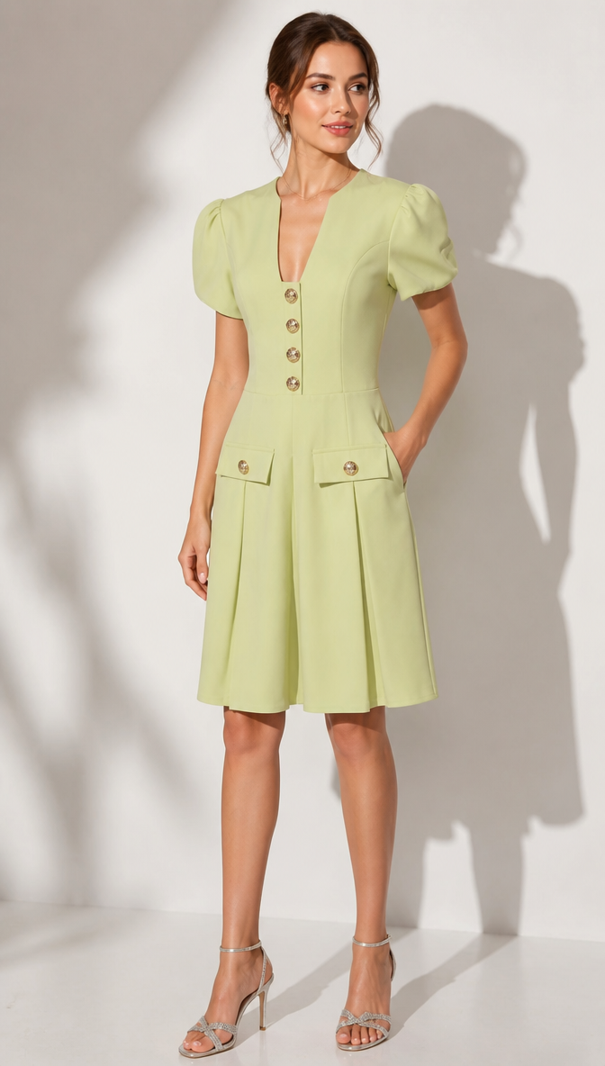 V-Neck Button Detail A-Line Mini