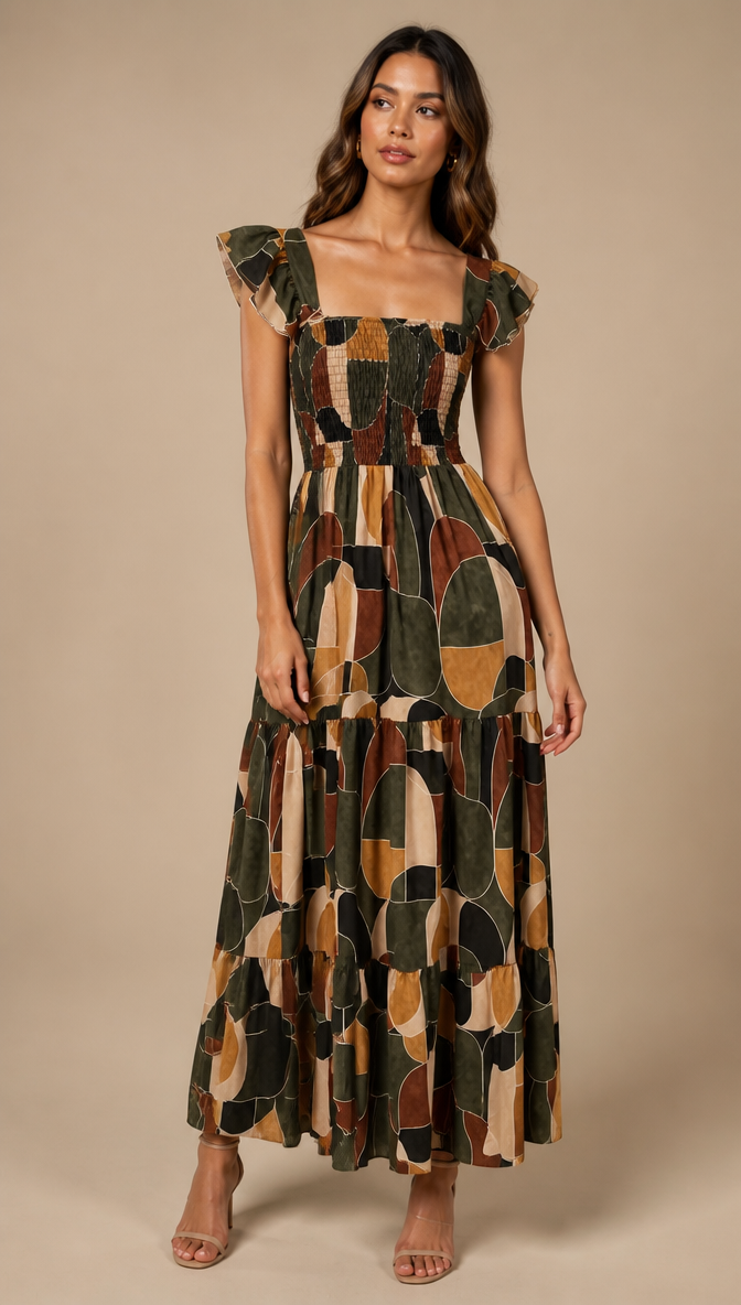 Smocked Square Neck Geometric Gown