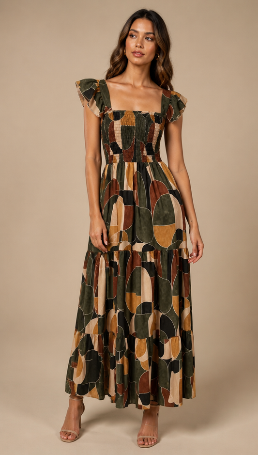 Smocked Square Neck Geometric Gown