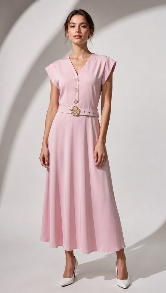 Cap Sleeve V-Neck Midi Dress with Statement Buckle Belt