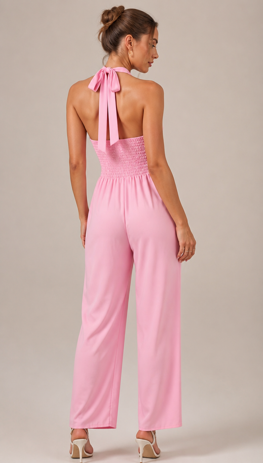 Halter Neck V-Neck Jumpsuit with Buttoned Corset Waistband
