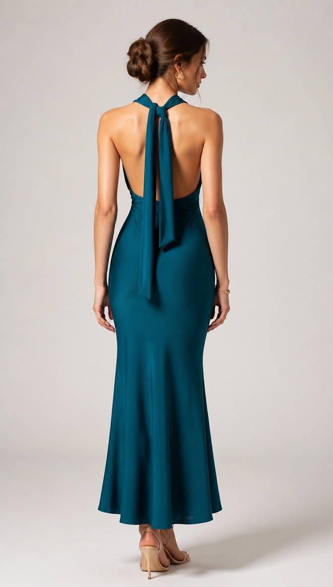 Satin Halter Gown with Gold Detail