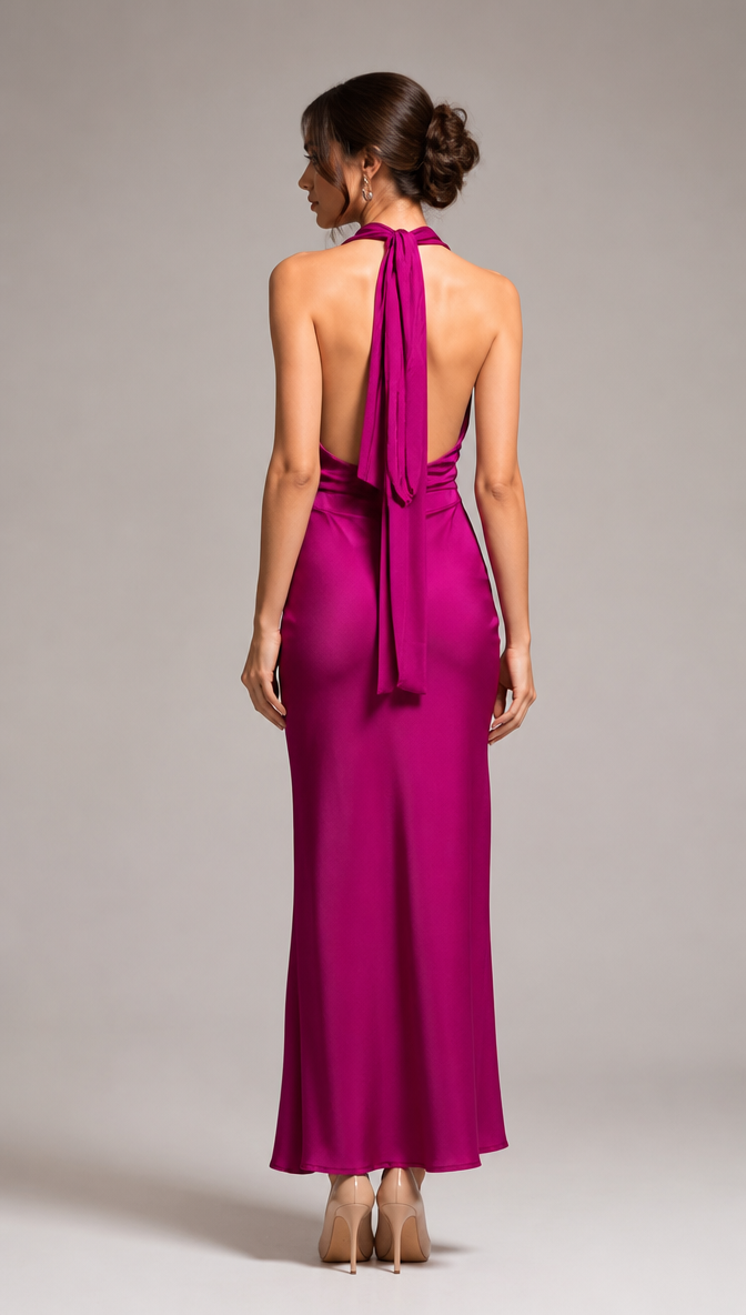 Satin Halter Gown with Gold Detail