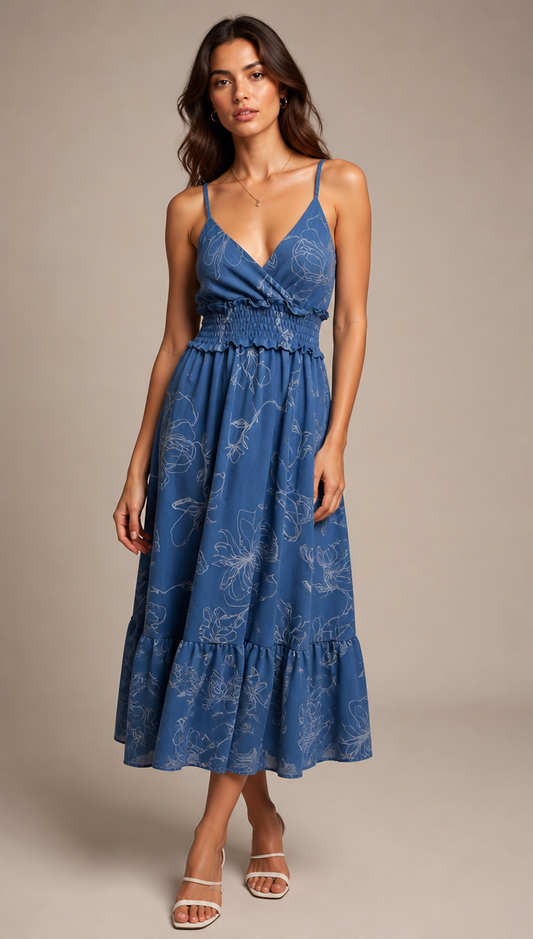 Line Art Floral Ruffle Midi Dress