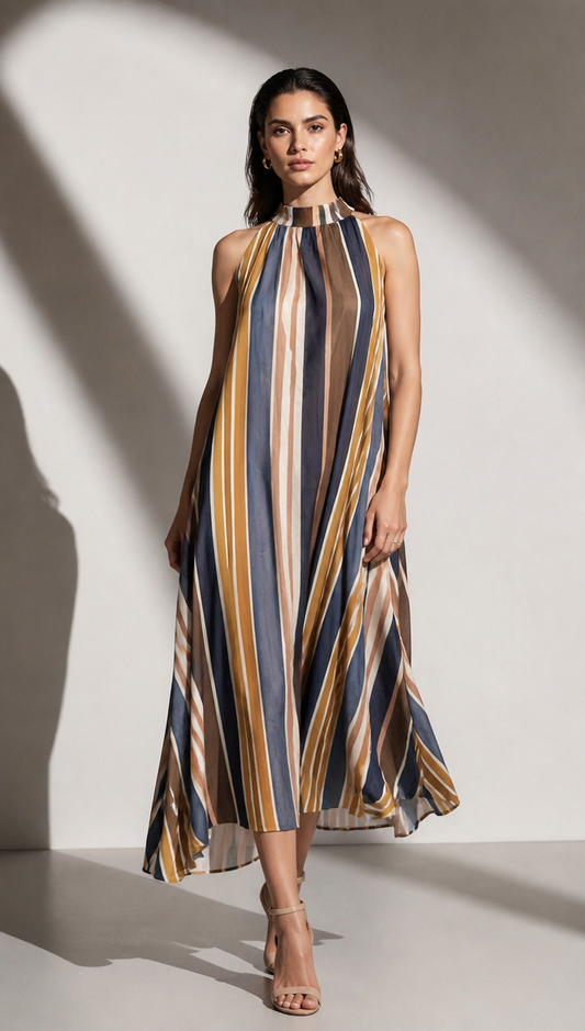 High Neck Striped Chiffon Midi