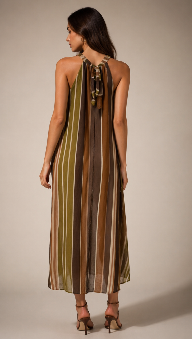 High Neck Striped Chiffon Midi