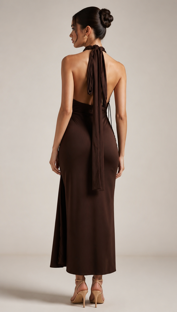 Satin Halter Gown with Gold Detail