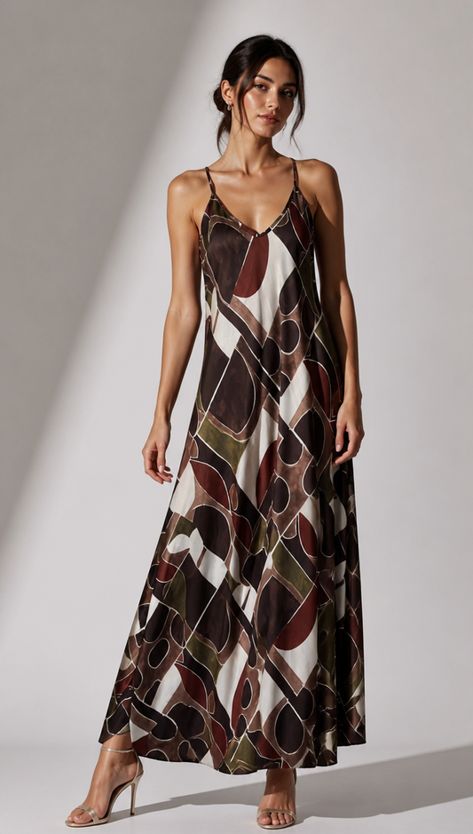 Satin V-Neck Graphic Print Maxi
