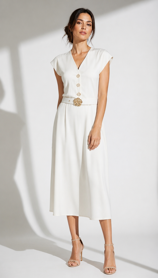 Cap Sleeve V-Neck Midi Dress with Statement Buckle Belt
