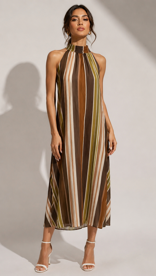 High Neck Striped Chiffon Midi