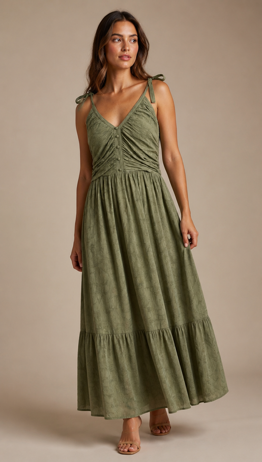 Sleeveless Button-Detailed Tiered Maxi Dress with Tie Straps
