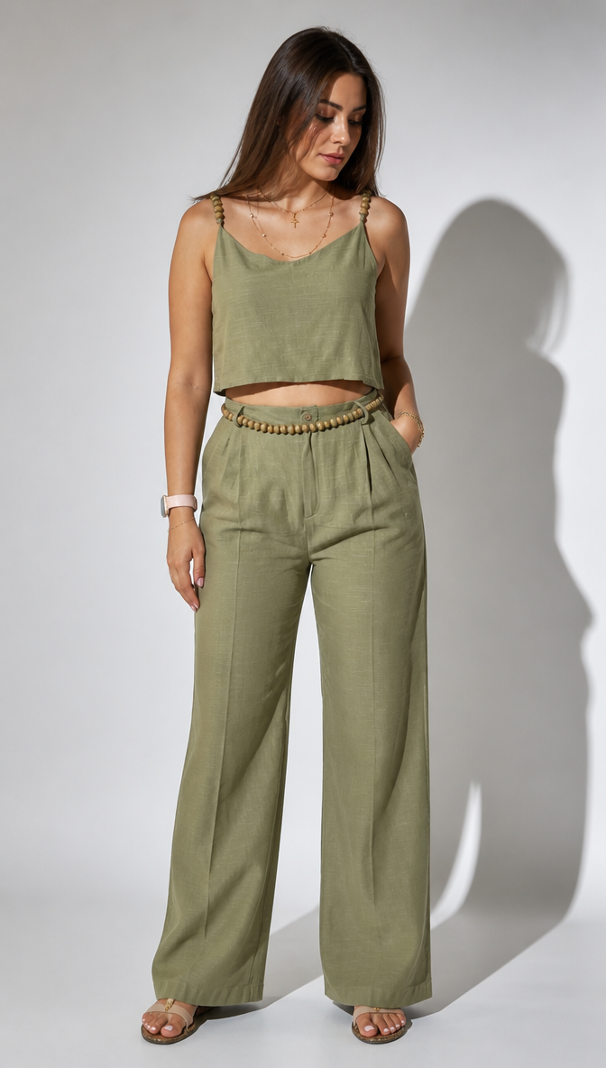 Sage Green Linen Two-Piece Matching Crop Top and Pants Set