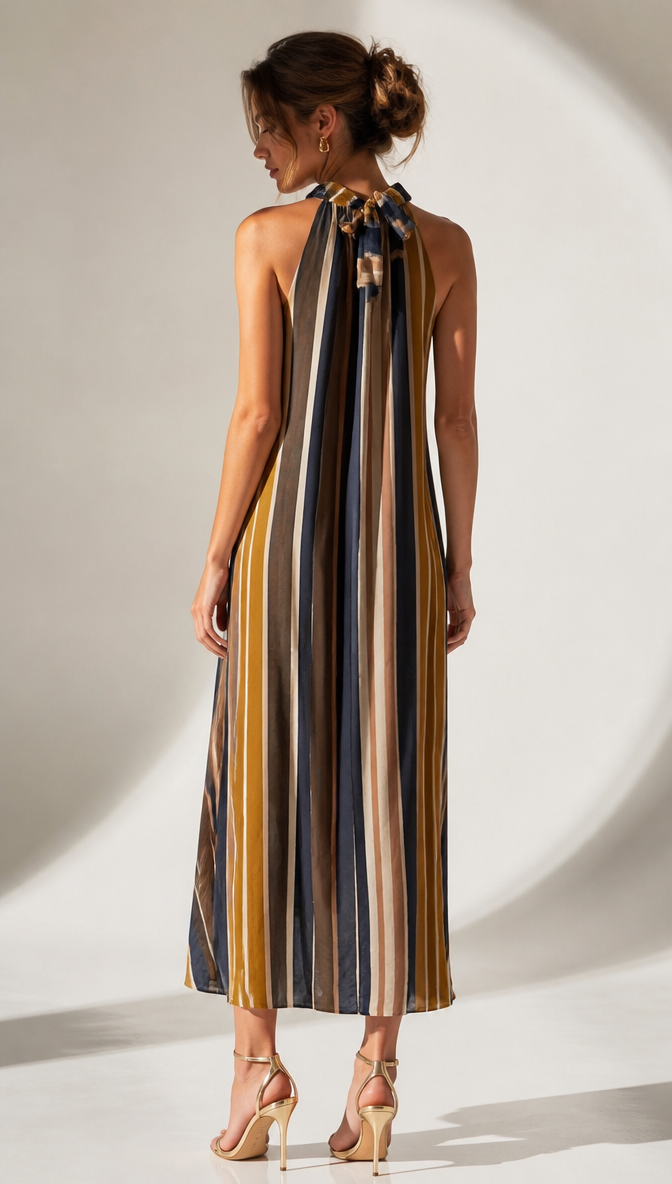 High Neck Striped Chiffon Midi