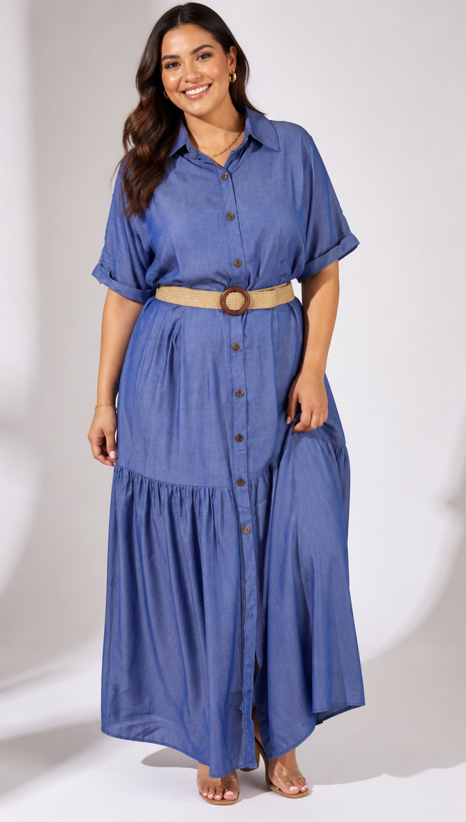 Boho Denim Blue Short Sleeve Tiered Maxi Dress