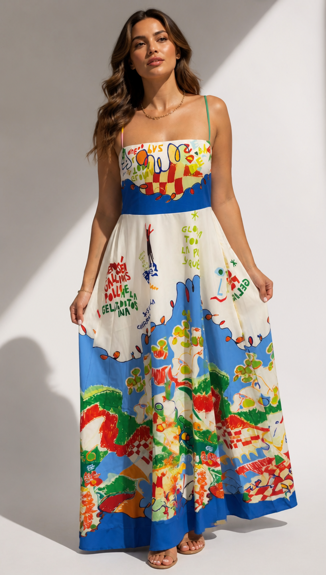 Abstract Graphic Print Maxi Dress with Straight Neckline