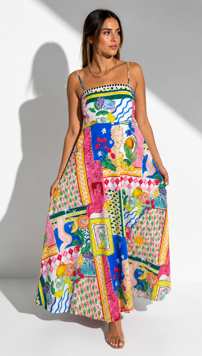 Multi-Color Abstract Mixed Print Strappy Maxi Dress
