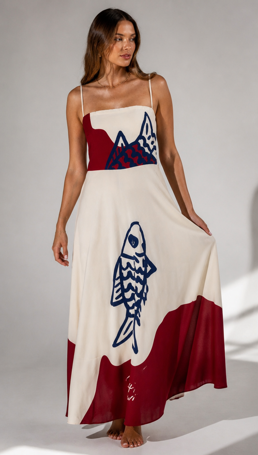 Abstract Fish Graphic Print Maxi Dress with Straight Neckline