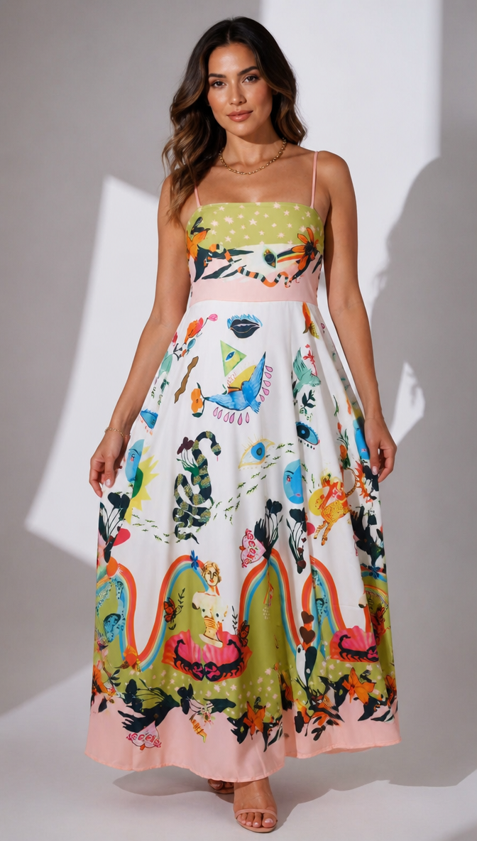 Multi-Color Graphic Novelty Print Strappy Maxi Dress