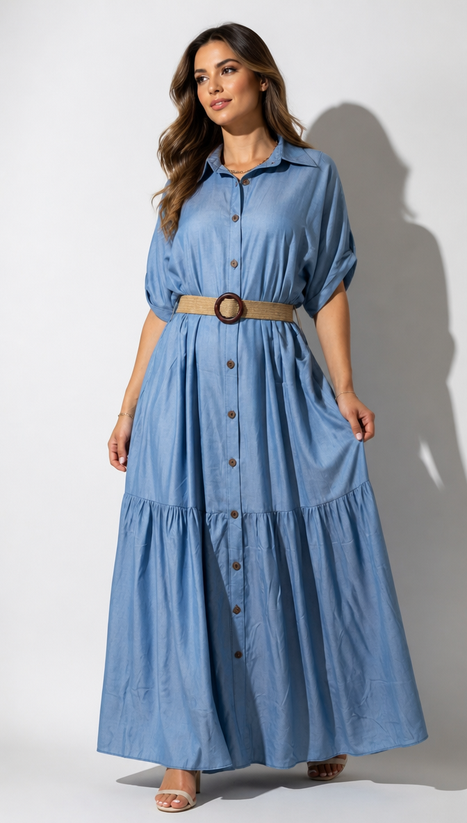 Boho Denim Blue Short Sleeve Tiered Maxi Dress