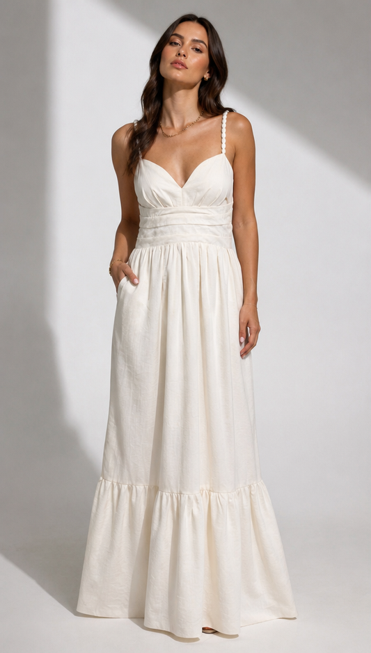 Off-White Ruched Corset Waist Tiered Maxi Dress