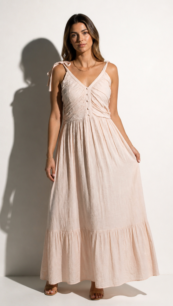 Sleeveless Button-Detailed Tiered Maxi Dress with Tie Straps