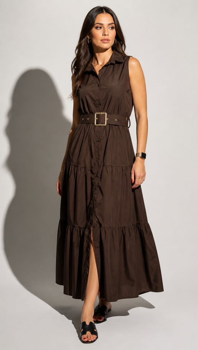 The Serengeti | Sleeveless Belted Shirtdress Maxi