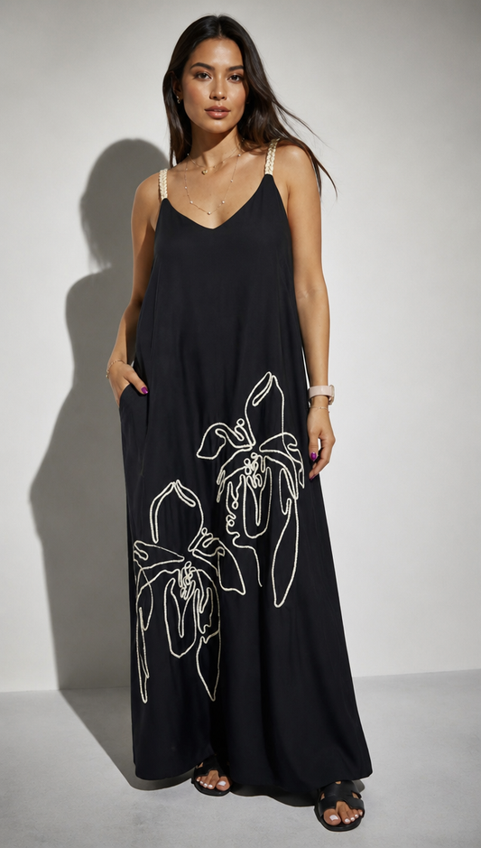 Embroidered V-Neck Maxi Dress with Floral Line Art